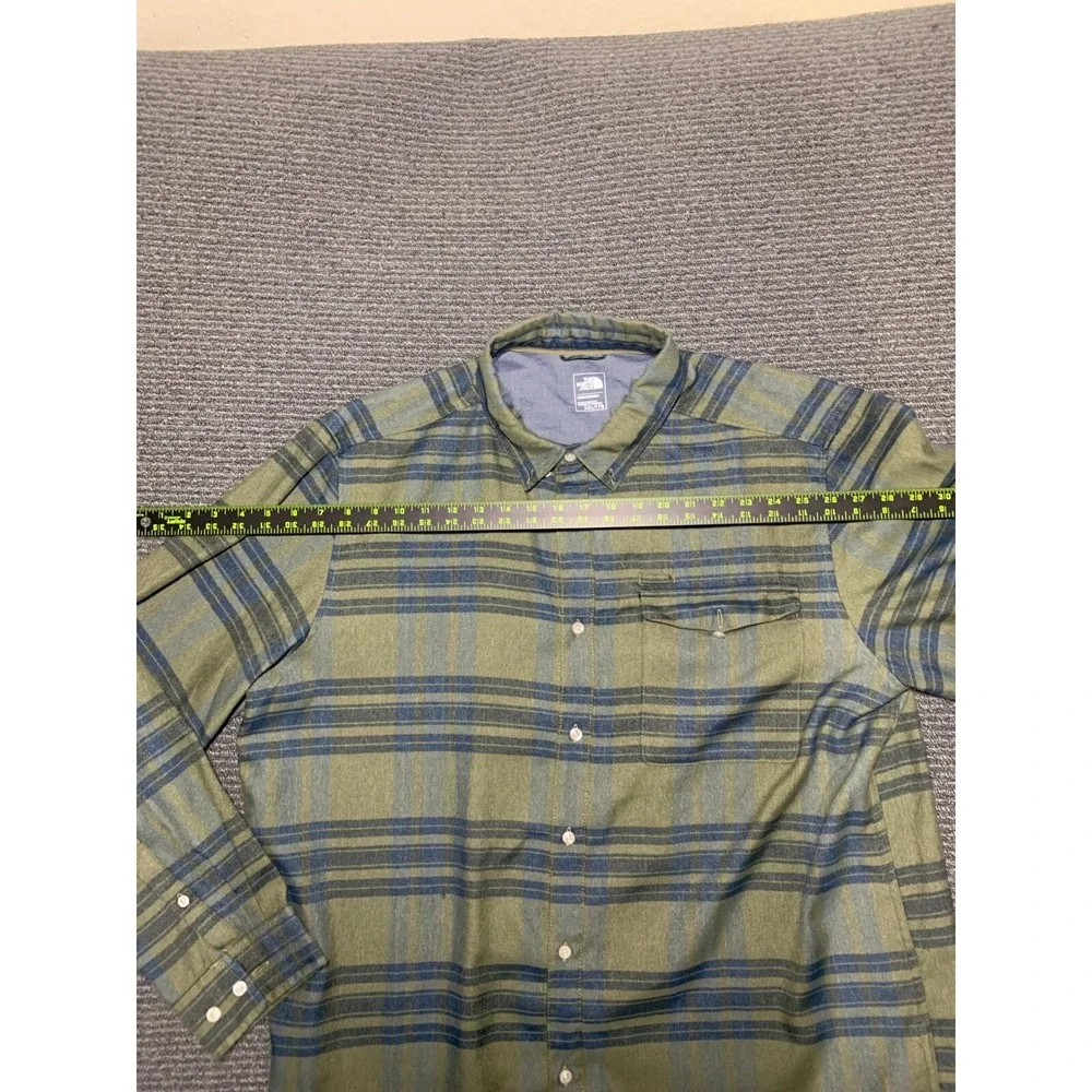 Men North Face Green Long Sleeve Approach Flannel Button Stripe Shirt XXL